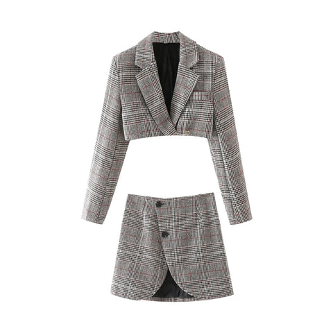 2022 Matching Set Houndstooth Blazer And Skirts Women England style Suits Navel Exposed Short Empire Blazer Lady Two Pieces Sets