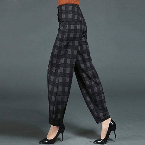 2022  Autumn Winter Korean Style Women Casual Loose Ankle-length Pants Zipper Fly Waist Plaid Print Harem Pants W689
