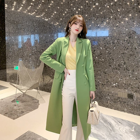 2022  Spring Winter Korean Style Singer Breasted Streetwear Green Long Casual Blazer Coat Jacket for Women