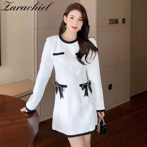 2022 Autumn Contrast Color Tweed Dress Women Vintage Long Sleeve O Neck High Waist Elegant Woolen Ladies Pocket Bow Vestidos