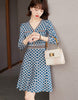 2022 Autumn V Neck Geometric Pattern Knit Sweater A-line Dress Retro Temperament Mini Dress Elegant Vestidos