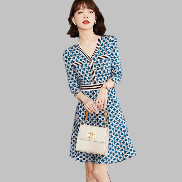 2022 Autumn V Neck Geometric Pattern Knit Sweater A-line Dress Retro Temperament Mini Dress Elegant Vestidos