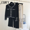 2023 Autumn Korean Color Block Round Neck Double Pocket Knit Cardigan Top + Loose Wide Leg Pants Two-Piece Pants Set Women
