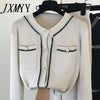 2023 Autumn Korean Color Block Round Neck Double Pocket Knit Cardigan Top + Loose Wide Leg Pants Two-Piece Pants Set Women