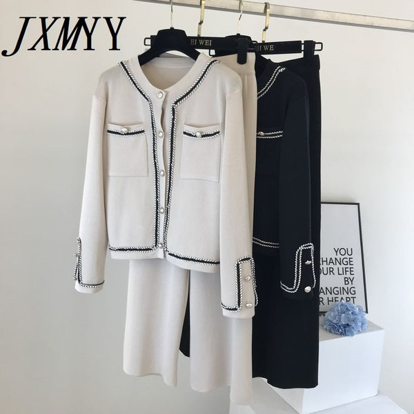 2023 Autumn Korean Color Block Round Neck Double Pocket Knit Cardigan Top + Loose Wide Leg Pants Two-Piece Pants Set Women