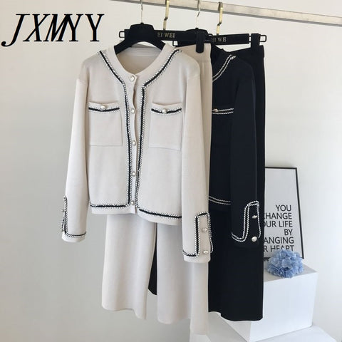 2023 Autumn Korean Color Block Round Neck Double Pocket Knit Cardigan Top + Loose Wide Leg Pants Two-Piece Pants Set Women