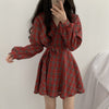 2022 Autumn Long Sleeve Dress Women Preppy Style Bow Palid V-neck Mini Plaid Dresses Korean High Waist Short Dress Elegant