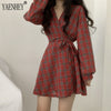 2022 Autumn Long Sleeve Dress Women Preppy Style Bow Palid V-neck Mini Plaid Dresses Korean High Waist Short Dress Elegant