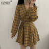 2022 Autumn Long Sleeve Dress Women Preppy Style Bow Palid V-neck Mini Plaid Dresses Korean High Waist Short Dress Elegant