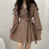 2022 Autumn Long Sleeve Dress Women Preppy Style Bow Palid V-neck Mini Plaid Dresses Korean High Waist Short Dress Elegant