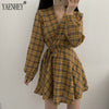2022 Autumn Long Sleeve Dress Women Preppy Style Bow Palid V-neck Mini Plaid Dresses Korean High Waist Short Dress Elegant