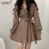 2022 Autumn Long Sleeve Dress Women Preppy Style Bow Palid V-neck Mini Plaid Dresses Korean High Waist Short Dress Elegant