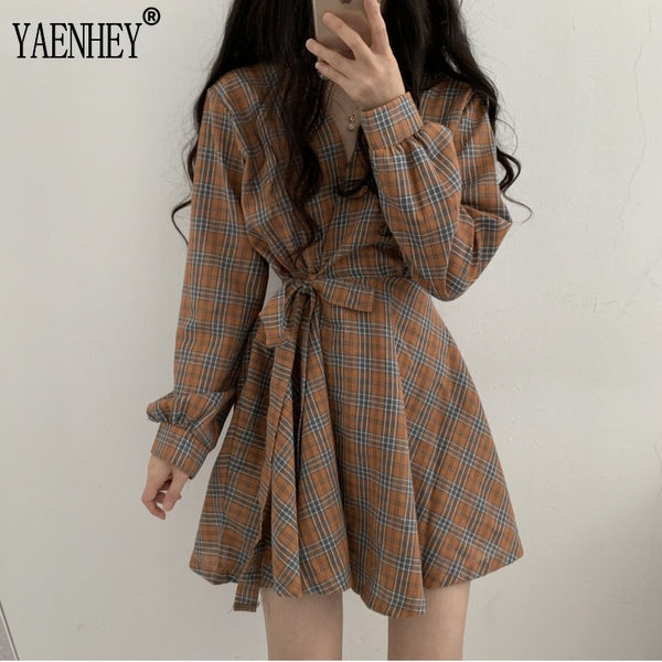 2022 Autumn Long Sleeve Dress Women Preppy Style Bow Palid V-neck Mini Plaid Dresses Korean High Waist Short Dress Elegant