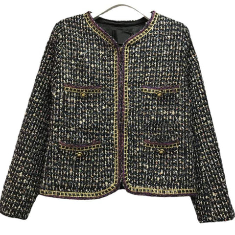 2022 Autumn Men Tweed Woven Round Neck Long Sleeve Suit Female Slim Blazer Top Jacket Lightly Cooked Gold Edge Pocket Coat
