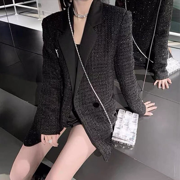 2023 Autumn Winter Casual Black Bright Silk Tweed Long Sleeve Blazers Coat Women Temperament Woolen Blended Jacket