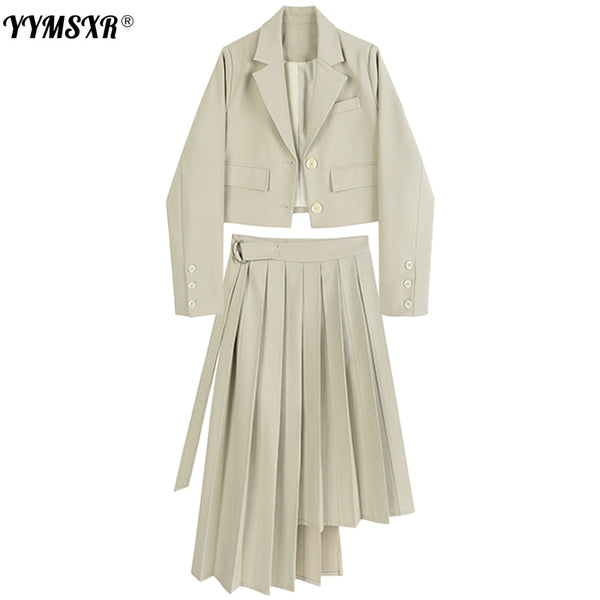 2022 Autumn and Winter Women's Suit Skirt Two-piece Set Temperament Short Long Sleeve Ladies Jacket High Waist Pleated Skirt