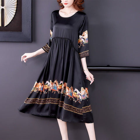 2022 Black Floral Mulberry Silk Midi Dress Summer Casual Vintage Loose Solid Beach Dress Women Elegant Party Runway Vestidos