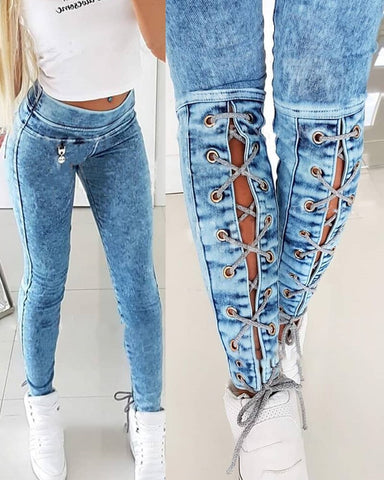 2022 Casual Daily Wear Solid Color Lace-up Jeans Female Long Skinny High Waist Women's Pants Leggings