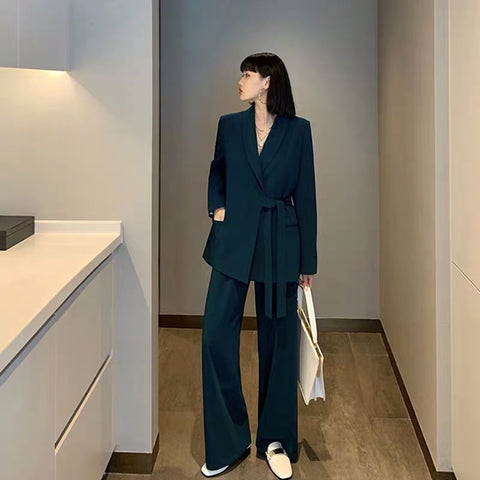 2023 Dignified Sense of Design Korean Style Loose Wide Leg Pants Two-Piece Retro Suit Women's Spring