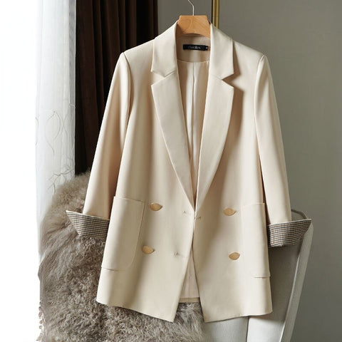 2023 Solid Color Apricot Notched Collar Blazer Women Elegant Vintage Casual Slim Coats Autumn Spring Female Blazers
