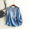 2023 Spring Casual Denim Shirt Women V-neck Tassel Loose Boho Ethnic Vintage Embroidery Blouse Tops Blusa Feminina
