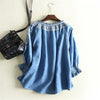 2023 Spring Casual Denim Shirt Women V-neck Tassel Loose Boho Ethnic Vintage Embroidery Blouse Tops Blusa Feminina