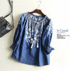 2023 Spring Casual Denim Shirt Women V-neck Tassel Loose Boho Ethnic Vintage Embroidery Blouse Tops Blusa Feminina