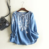 2023 Spring Casual Denim Shirt Women V-neck Tassel Loose Boho Ethnic Vintage Embroidery Blouse Tops Blusa Feminina