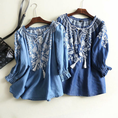 2023 Spring Casual Denim Shirt Women V-neck Tassel Loose Boho Ethnic Vintage Embroidery Blouse Tops Blusa Feminina