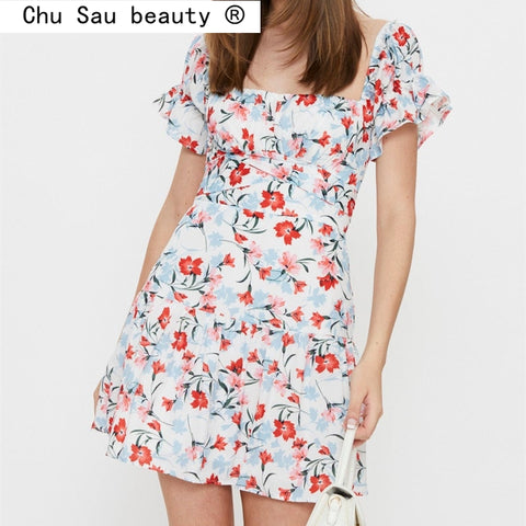 2023 Summer Sweet Bow Tie Chic Floral Print Mini Dress Women Holiday Style Ruffles Short Sleeve Dresses Female