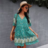 2022  Floral Print Summer Short Dress Women Casual V Neck Bohemian Short Sleeve Dress For Woman  Sexy Spring Dress