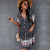 2022  Floral Print Summer Short Dress Women Casual V Neck Bohemian Short Sleeve Dress For Woman  Sexy Spring Dress