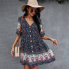 2022  Floral Print Summer Short Dress Women Casual V Neck Bohemian Short Sleeve Dress For Woman  Sexy Spring Dress