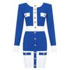 2023 High Street Summer Patchwork 2 Two-Piece Set O-Neck Long Sleeve Pocket Button Mini Bandage Dress Female Short Set