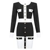 2023 High Street Summer Patchwork 2 Two-Piece Set O-Neck Long Sleeve Pocket Button Mini Bandage Dress Female Short Set