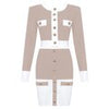 2023 High Street Summer Patchwork 2 Two-Piece Set O-Neck Long Sleeve Pocket Button Mini Bandage Dress Female Short Set