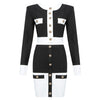 2022 High Street Summer Patchwork 2 Two-Piece Set O-Neck Long Sleeve Pocket Button Mini Bandage Dress Female Short Set