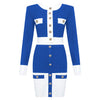 2022 High Street Summer Patchwork 2 Two-Piece Set O-Neck Long Sleeve Pocket Button Mini Bandage Dress Female Short Set