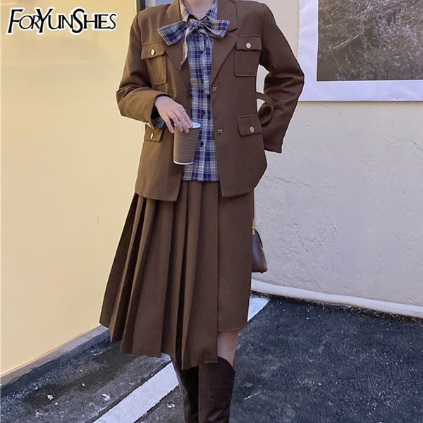 2022 Korean Set women2 piece set Solid blazer,Bow Shirt,high Waist Pleated Skirt Sold Separately Retro Harajuku Suit