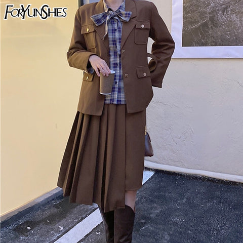 2022 Korean Set women2 piece set Solid blazer,Bow Shirt,high Waist Pleated Skirt Sold Separately Retro Harajuku Suit