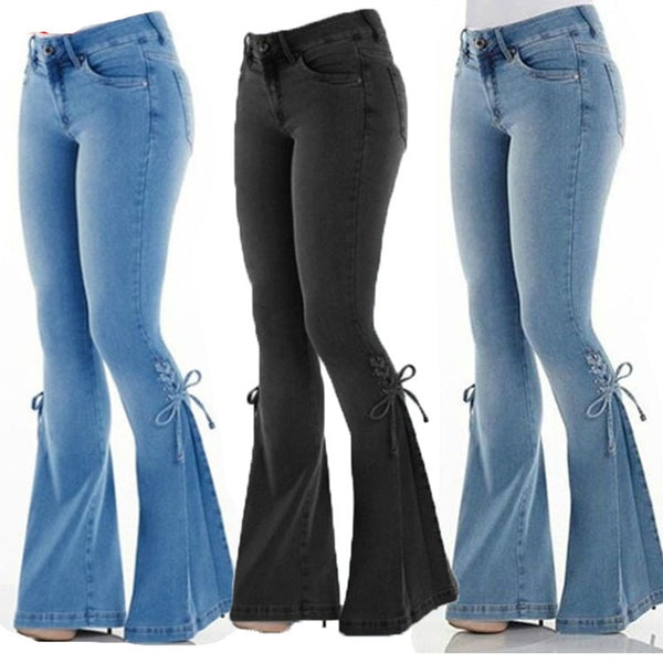 2022 Mid Waist Denim Flare Pants Women Lace Up Slim-fit Stretch Jeans Wide Leg Trousers Lady Bell-Bottoms Plus Size XS-4XL