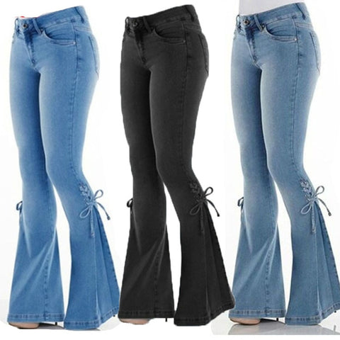 2022 Mid Waist Denim Flare Pants Women Lace Up Slim-fit Stretch Jeans Wide Leg Trousers Lady Bell-Bottoms Plus Size XS-4XL