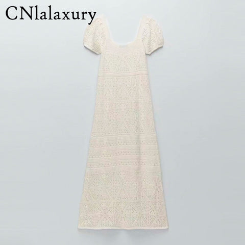2022  Product Chic  Hollow knitting Midi Bodycon Dress Women Vintage Crochet Robe Femme Party Dresses Female Vestidos