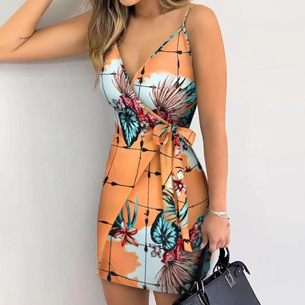 Women's Suspender Skirt Trend Printing Summer Lace Up Waist Dress Retro Style
