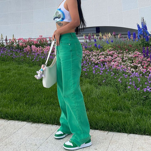 2022 Solid Color Jeans Girl Streetwear Clothing Green Jeans Slim Straight Leg Pants Hip-hop Wide Leg Jeans Y2k
