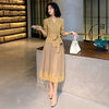 2022 Spring Designers Office Lady Two Piece Outfits Women Retro Lace Up Blazer +Lace Mesh Tulle Midi Skirt Suit Sets