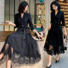 2022 Spring Designers Office Lady Two Piece Outfits Women Retro Lace Up Blazer +Lace Mesh Tulle Midi Skirt Suit Sets