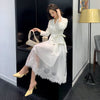 2022 Spring Designers Office Lady Two Piece Outfits Women Retro Lace Up Blazer +Lace Mesh Tulle Midi Skirt Suit Sets