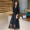 2022 Spring Designers Office Lady Two Piece Outfits Women Retro Lace Up Blazer +Lace Mesh Tulle Midi Skirt Suit Sets