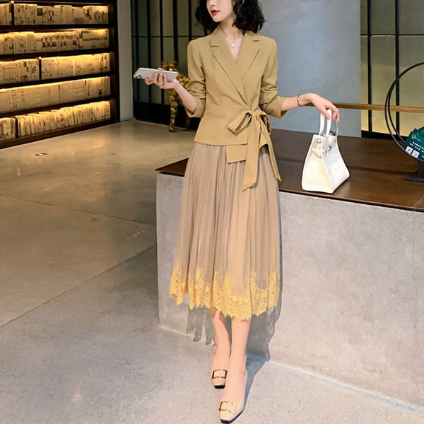 2022 Spring Designers Office Lady Two Piece Outfits Women Retro Lace Up Blazer +Lace Mesh Tulle Midi Skirt Suit Sets